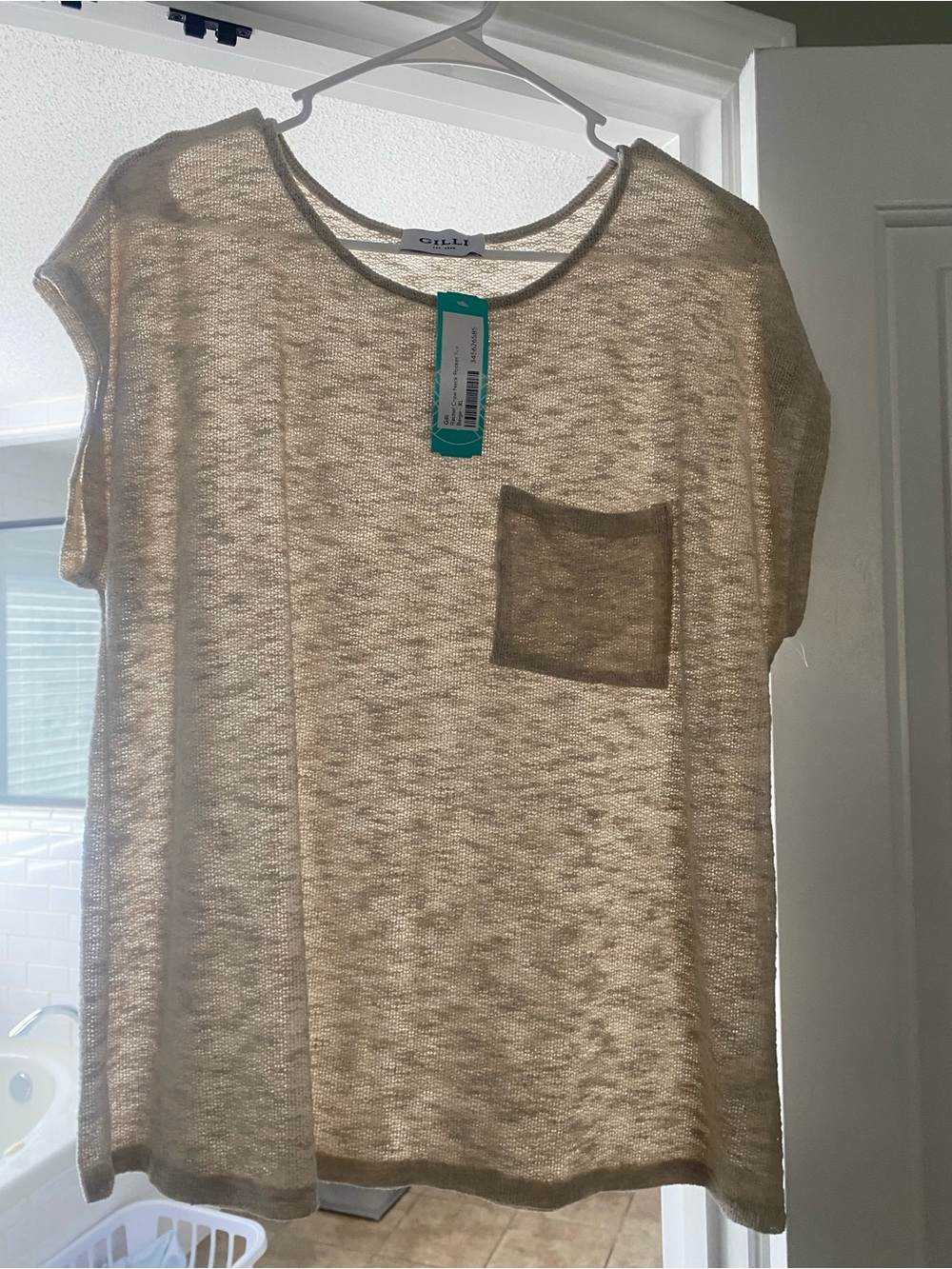 Gilli Beige Sheer Pocket Short Sleeve Top